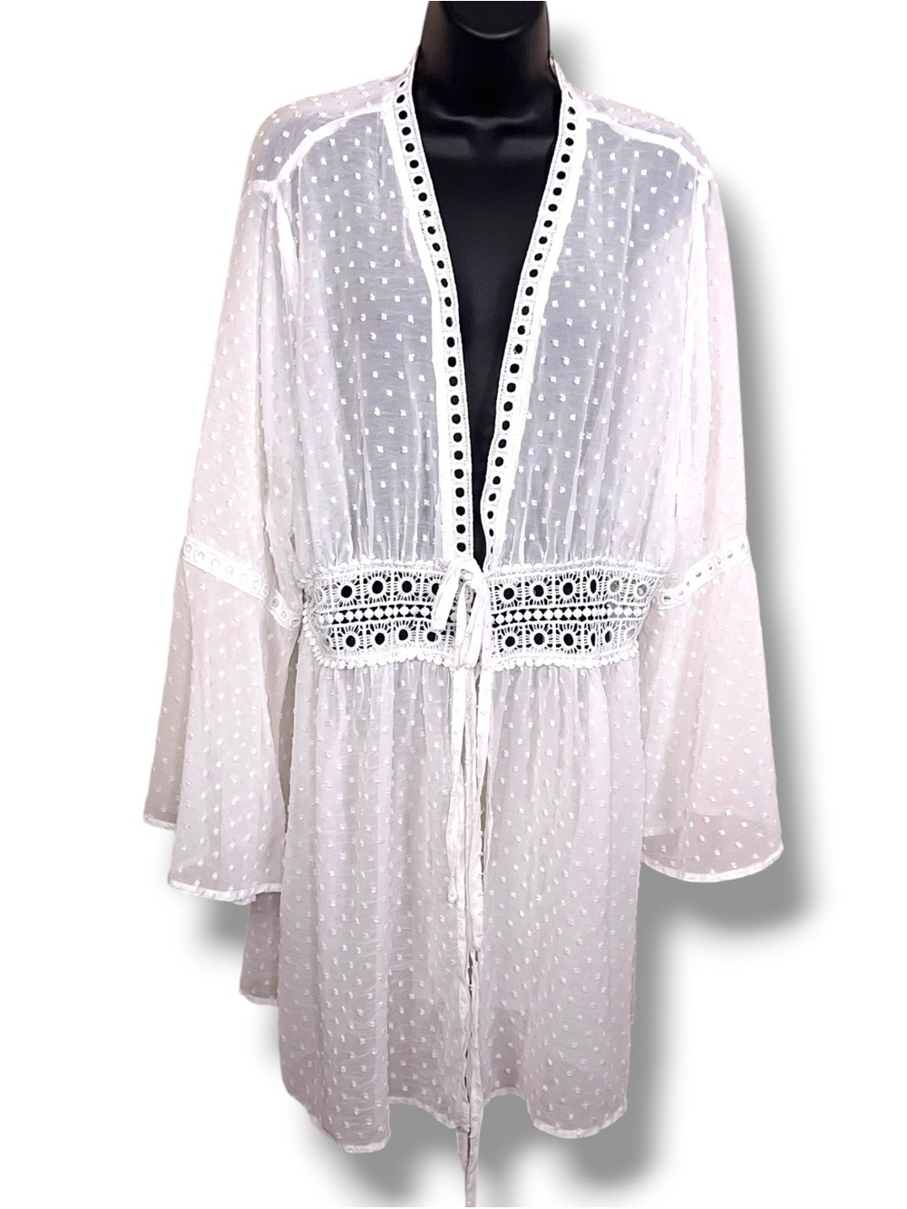 Large Aolro White Kimono Tunic Blouse Bell Sleeve Semi Sheer Swim Cover Boho